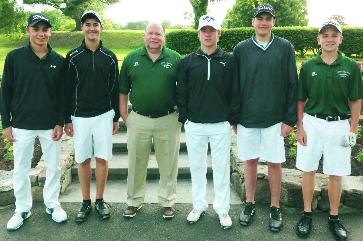 Veteran coach Jim Mullin poses with his Green Wave golf squad at the South-West Conference tournament, May 29, 2014 at Ridgewood Country Club in Danbury. Representing New Milford High School golf that day are, from left to right, Steve Santos, Kyle Poeti, coach Mullin, Cole Case, Tyler Lanza and John Pace.