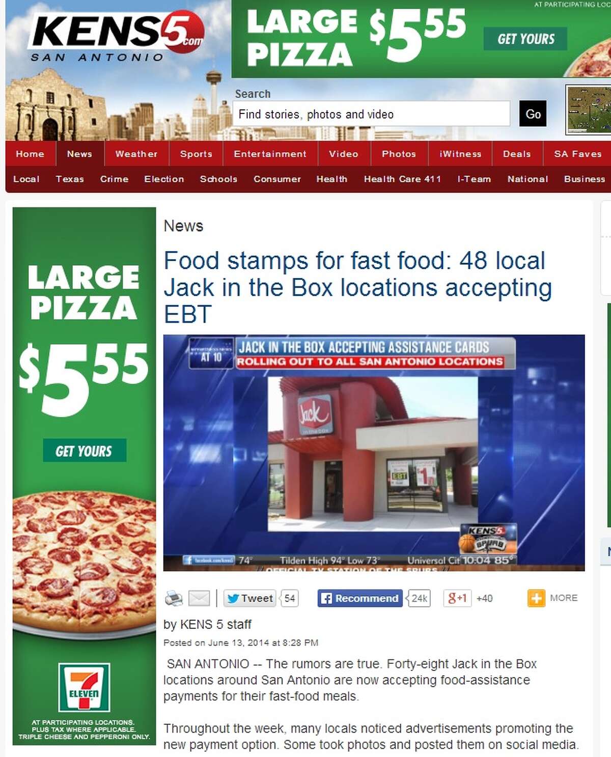 KENS5 article claiming Jack in the Box accepts food stamps.