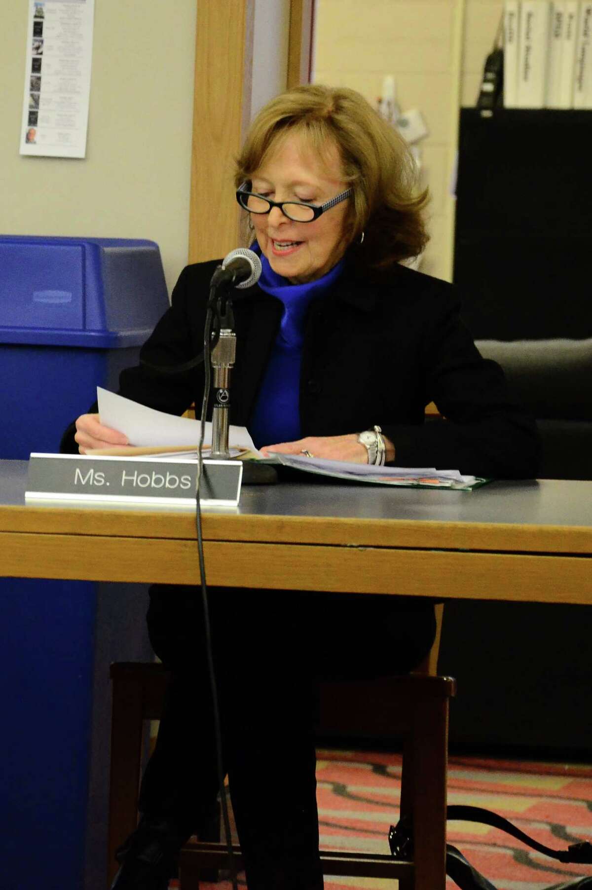 Board of Education Chairman Hazel Hobbs at a March 17, 2014, meeting at New Canaan High School in New Canaan, Conn.