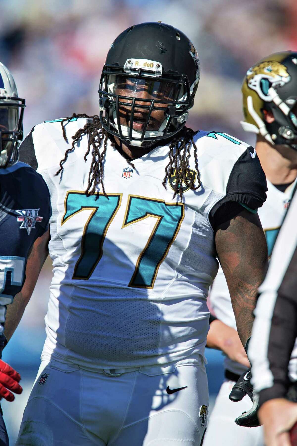 Uche Nwaneri #77 of the Jacksonville Jaguars on the field during play against the Tennessee Titans at LP Field on November 10, 2013 in Nashville, Tennessee. The Jaguars defeated the Titans 29-27.