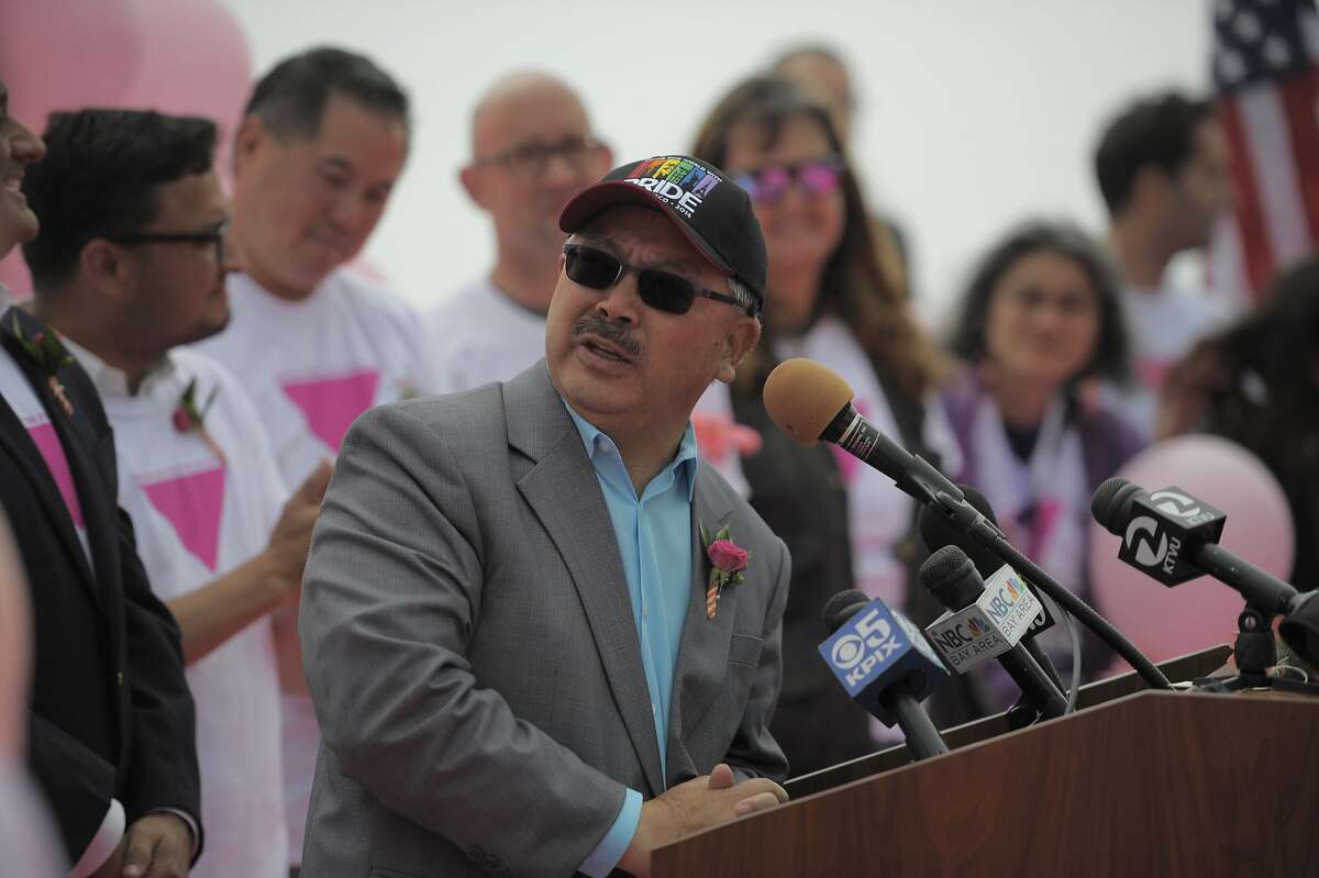 San Francisco mayor Ed Lee speaks during a ceremony commemorating the construction of the pink triangle at Twin Peaks on June 28, 2014 in San Francisco, CA. The Pink Triangle, symbol of the oppression of LGBT people, was built on Twin Peaks Saturday in recognition of the pride celebration.