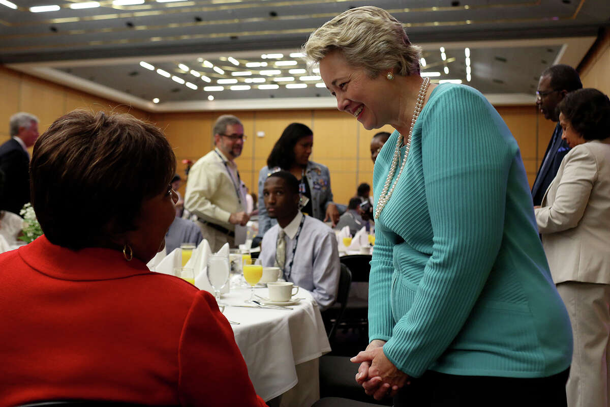 Houston Mayor Annise Parker, right, talks with Congresswoman Eddie Bernice Johnson, of Dallas, during the Lady Bird Johnson Breakfast at the Texas Democratic State Convention at the Dallas Convention Center in Dallas on Saturday, June 28, 2014.