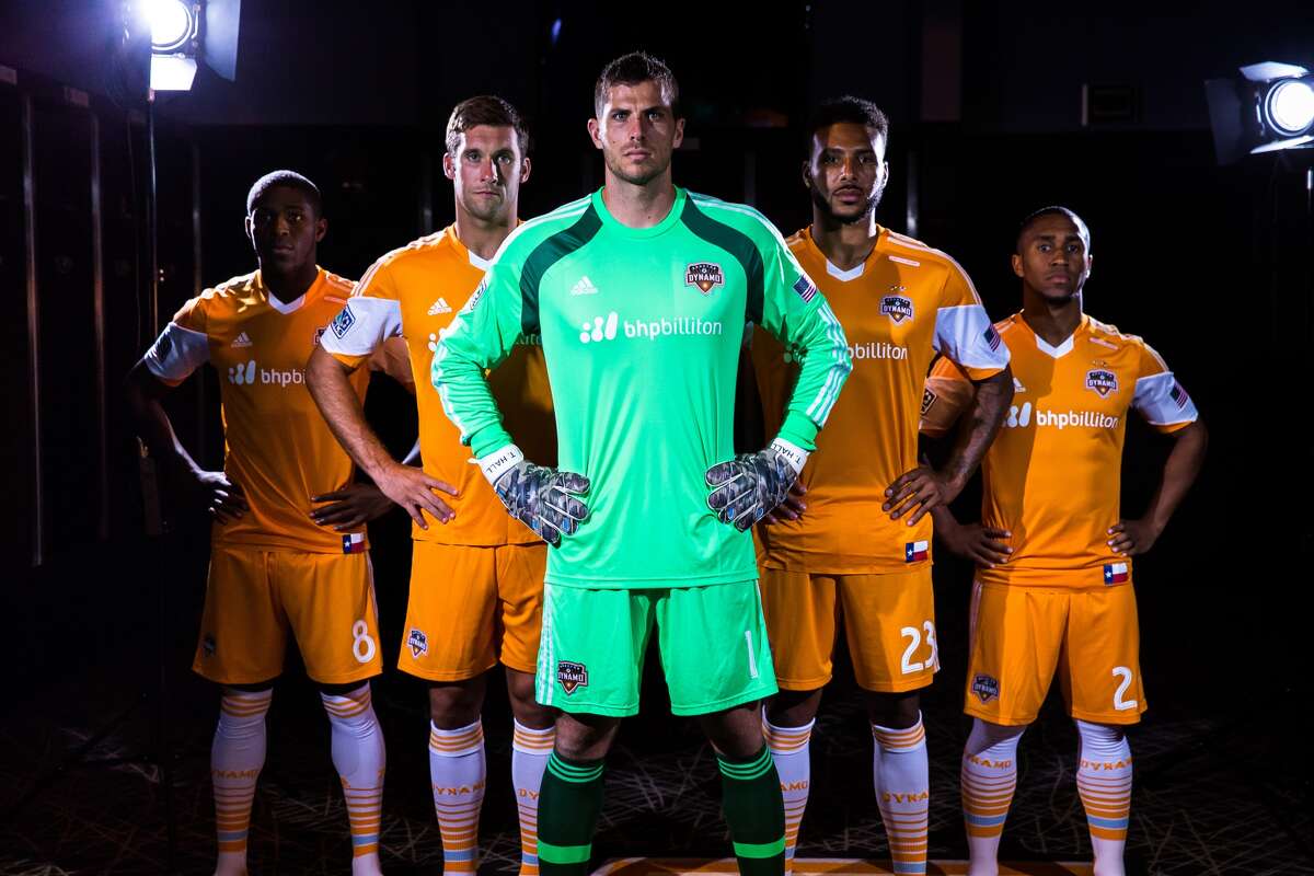 Dynamo players show off the team's new partnership with BHP Billiton.(Anthony Vasser/Houston Dynamo)