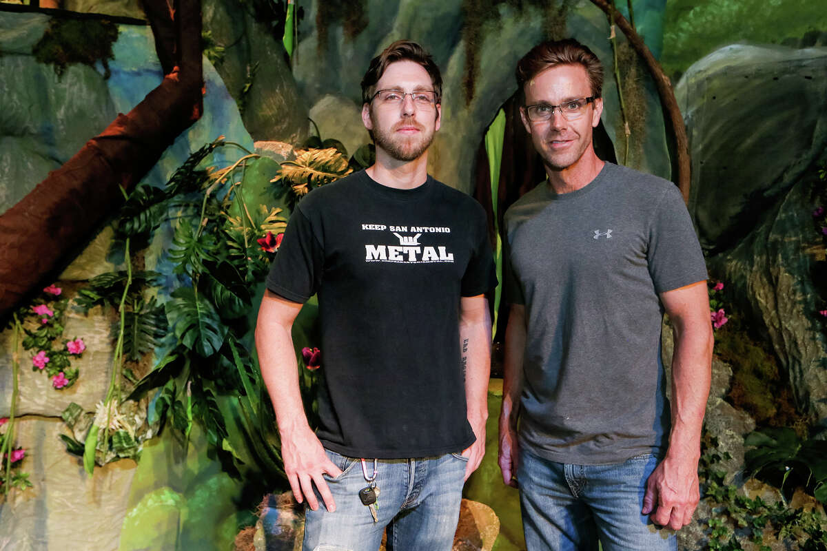 Kurt Wehner (right) is stepping down as executive director of the Woodlawn Theatre. He is shown with Benjamin Grabill, with whom he designed the set for the theater's 2014 staging of "Tarzan."   
