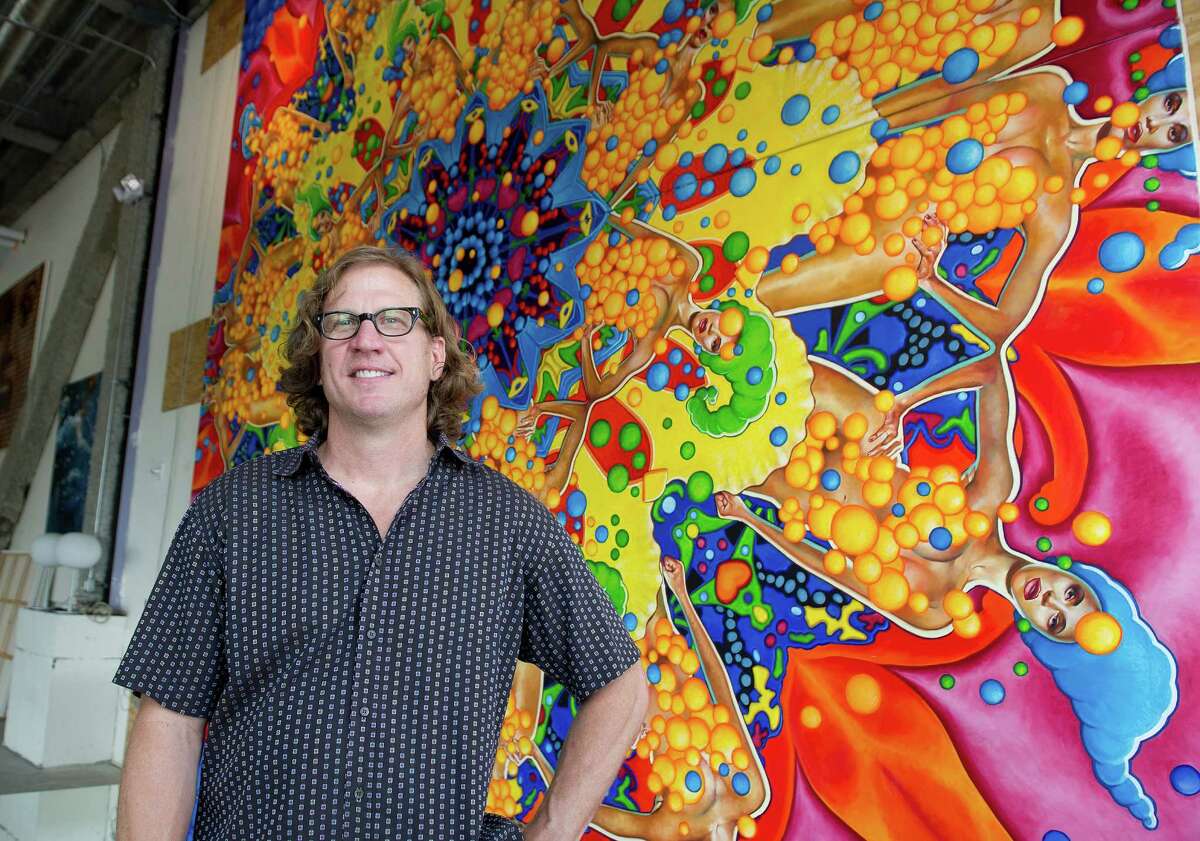 William Nelson poses for a photo with his painting, "Aphrodite Redux," in his gallery in Stamford, Conn., on Thursday, June 26, 2014. Nelson is selling prints of his painting to benefit the Yerwood Center.