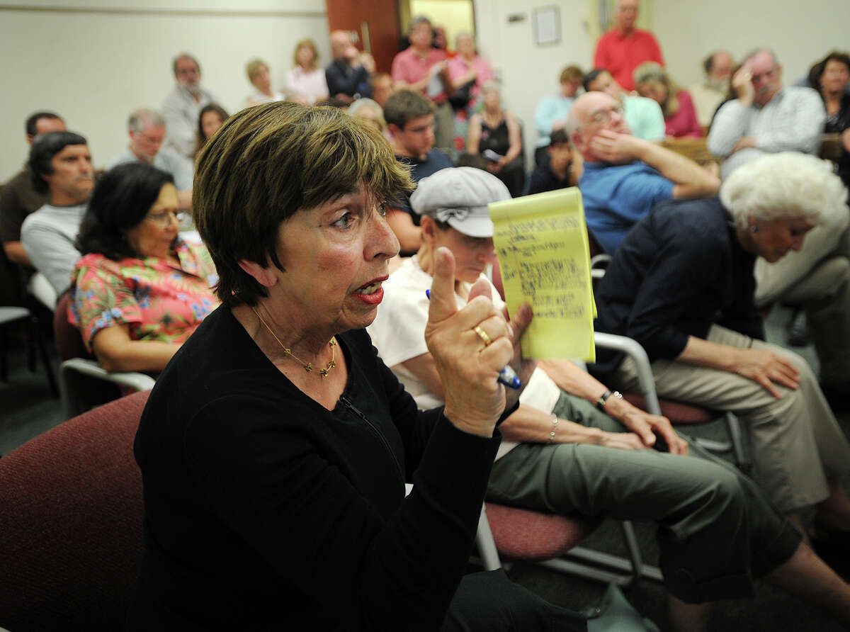 June Getraer, of Westport, addresses a question to Sen. Chris Murphy and Rep. Jim Himes during a town hall meeting on the Iraq crisis and foreign policy at the Westport Town Hall in Westport, Conn. on Monday, June 30, 2014.