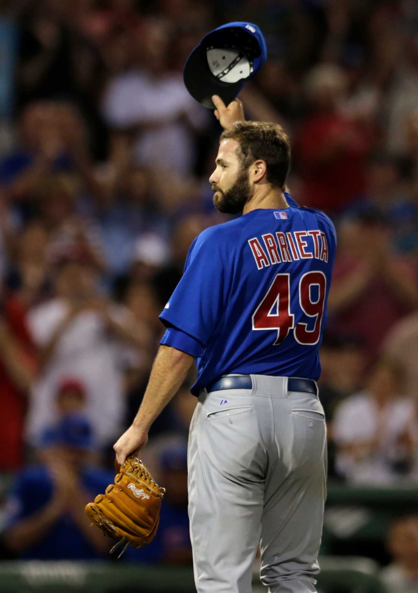 Jake Arrieta of the Chicago Cubs pitches against the Oakland