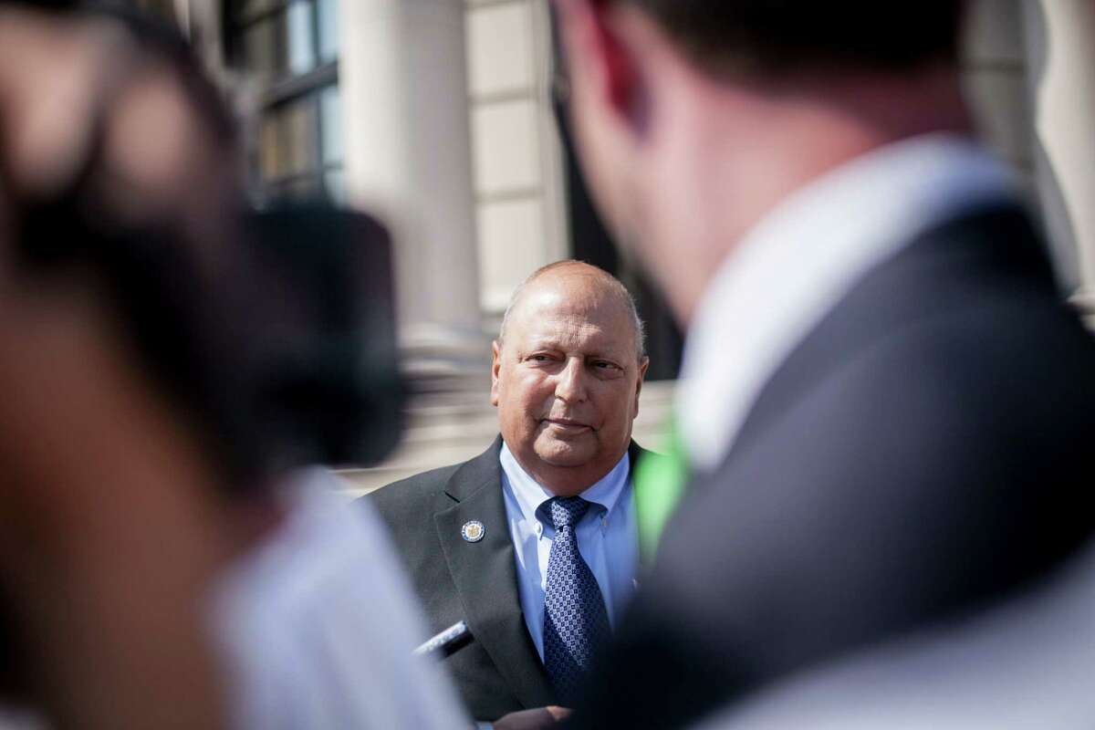New York State Sen. Thomas Libous leaves Southern District Federal Court in White Plains, N.Y., July 1, 2014. Libous, the state Senate's second-highest-ranking Republican, was indicted along with his son, Matthew, on charges that the senator lied to the FBI and that his son obstructed a tax investigation and filed false tax returns. (Anthony Lanzilote/The New York Times)