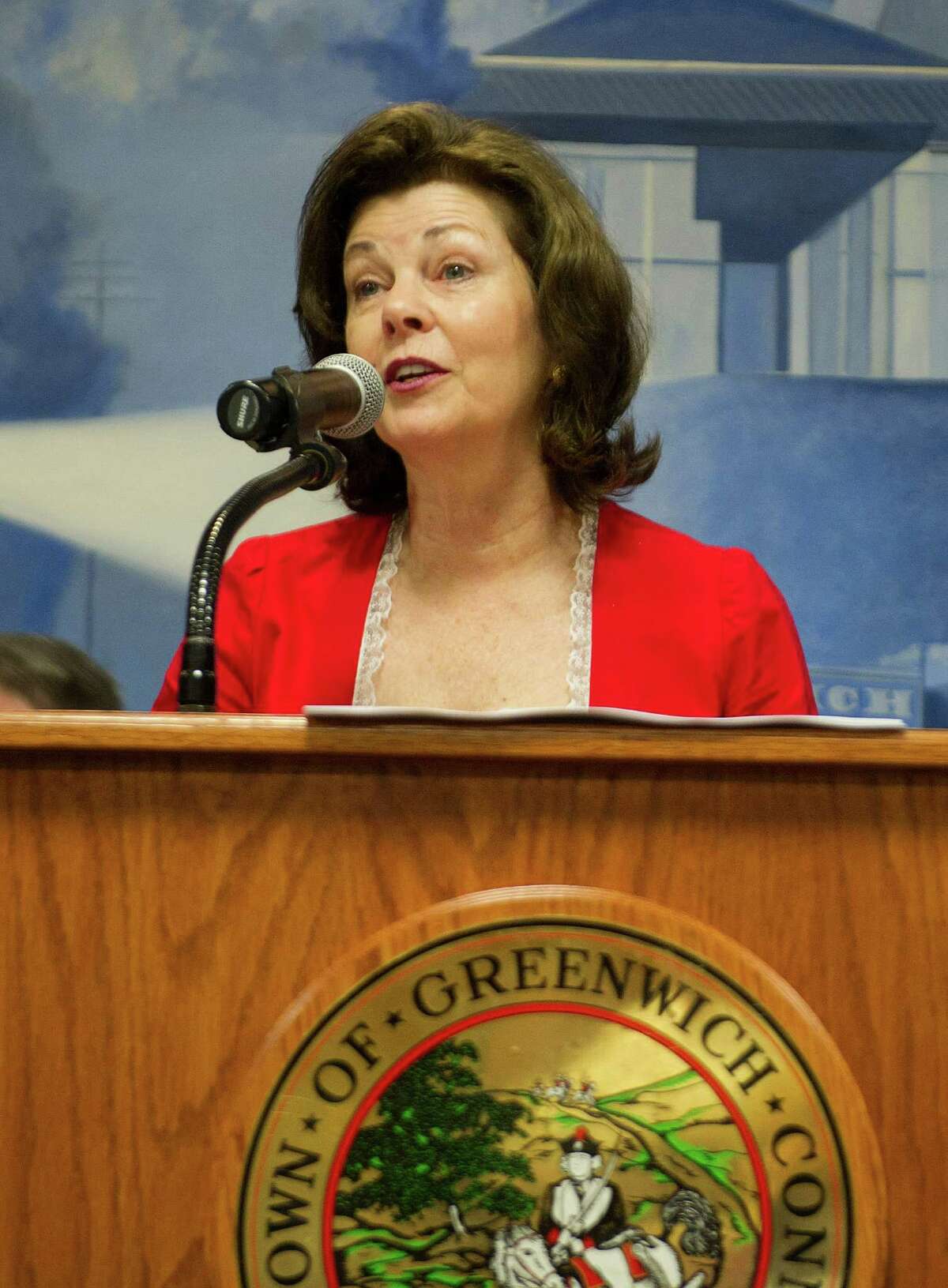 Bea Crumbine. co-chairman of the Independence Day Association, speaks during the Fourth of July ceremony at Greenwich Town Hall held by the Independence Day Association and the Town of Greenwich on Friday, July 4, 2014.