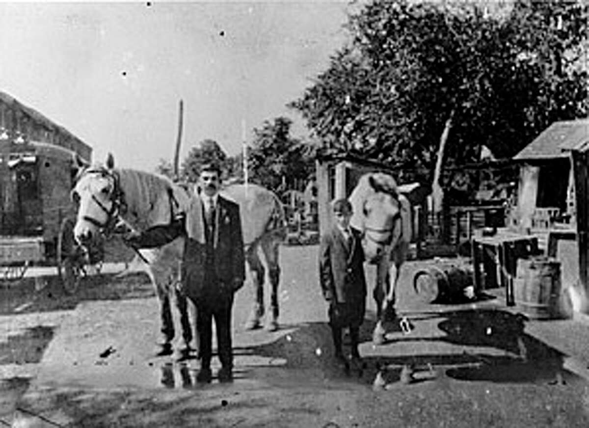 "Pop" Mercurio and Dom Jr. hold the family's horses as they deliver fruits and vegetables to their customers via horse and wagon. The Mercurio's grocery business started in 1900. Courtesy: Fairfield Museum and History Center