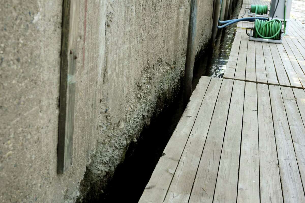 The deteriorating seawall along the Hudson River on Wednesday, July 17, 2022, at the docks in Troy, N.Y. (Cindy Schultz / Times Union archive)