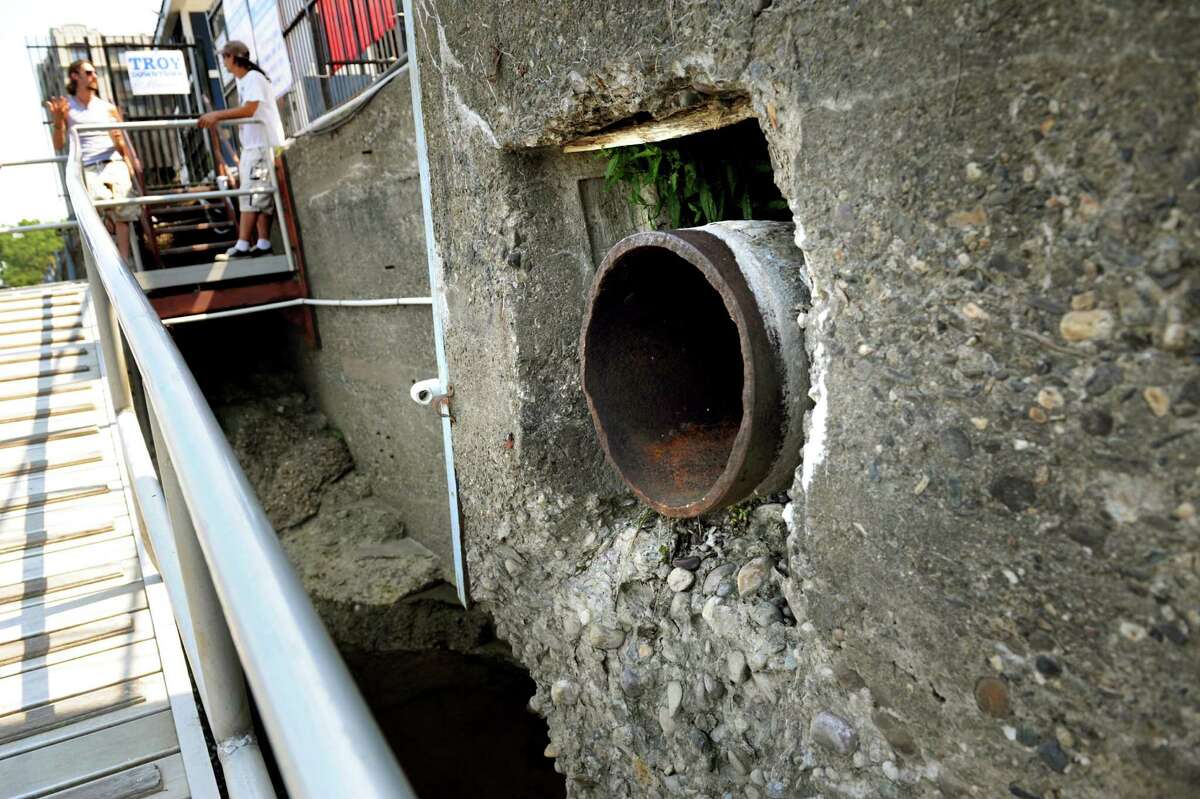 The deteriorating seawall along the Hudson River on Wednesday, July 17, 2022, at the docks in Troy, N.Y. (Cindy Schultz / Times Union archive)