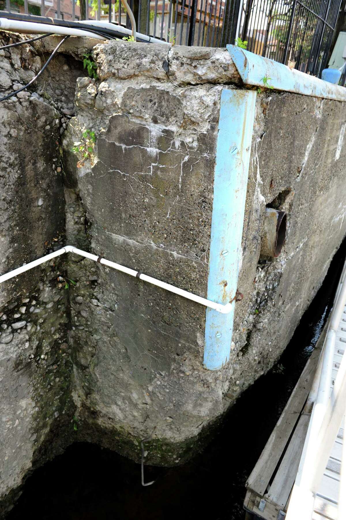 The deteriorating seawall along the Hudson River on Wednesday, July 17, 2022, at the docks in Troy, N.Y. (Cindy Schultz / Times Union archive)