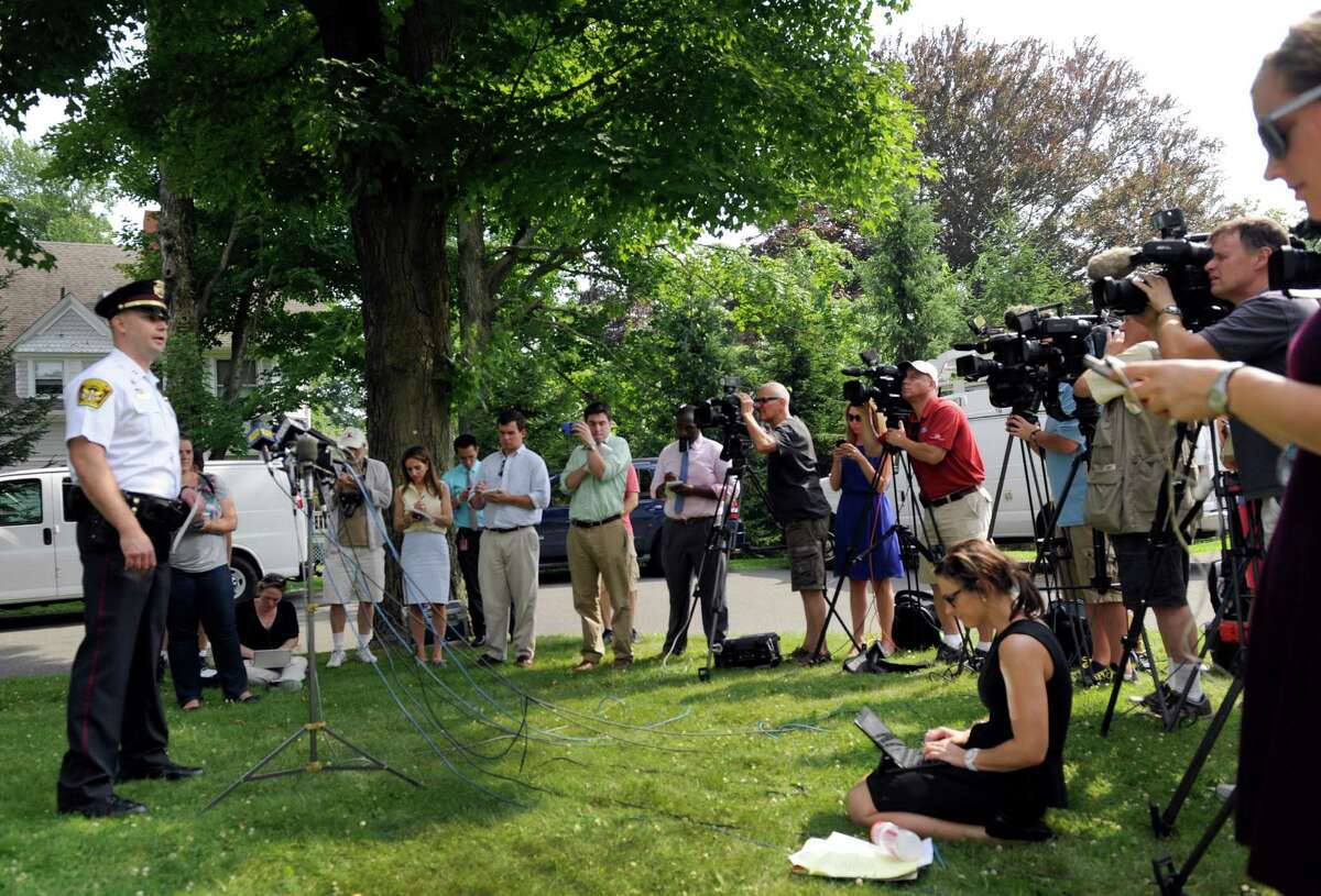 Captain Jeff Kreitz, public information officer with the Ridgefield Police Dept., addresses the media Tuesday afternoon during a press conference regarding the death of a child left in a hot car, Tuesday, July 8, 2014 in Ridgefield, Conn.