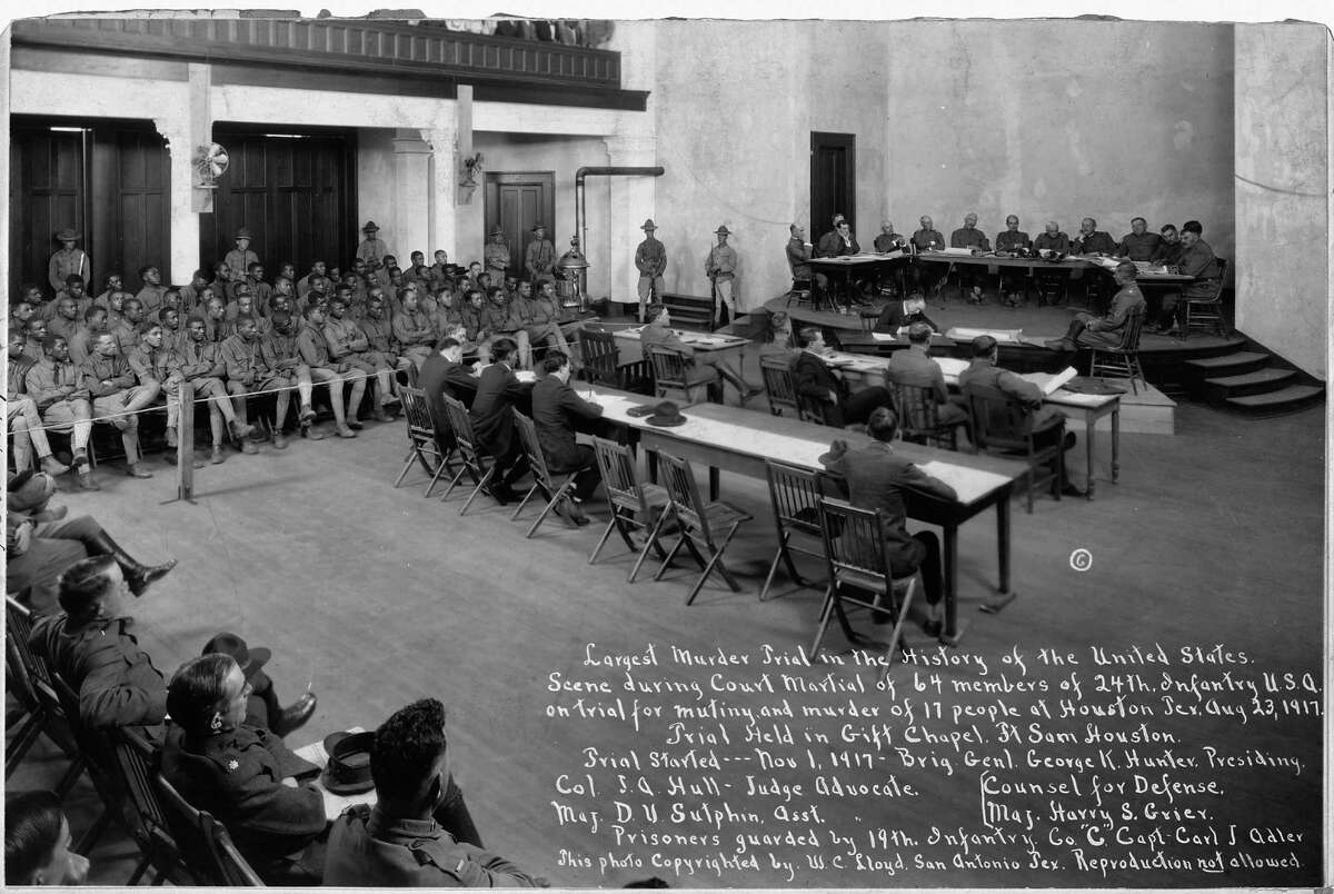 The full caption for this item is as follows: Largest Murder Trial in the History of the United States. Scene during Court Martial of 64 members of the 24th Infantry United States of America on trial for mutiny and murder of 17 people at Houston, Texas August 23, 1917. Trial held in Gift Chapel Fort Sam Houston. The Houston Riot of 1917, or Camp Logan Riot, was a mutiny by 156 African American soldiers of the Third Battalion of the all-black Twenty-fourth United States Infantry. It occupied most of one night, and resulted in the deaths of four soldiers and sixteen civilians. The rioting soldiers were tried at three courts-martial. A total of nineteen would be executed, and forty-one were given life sentences.