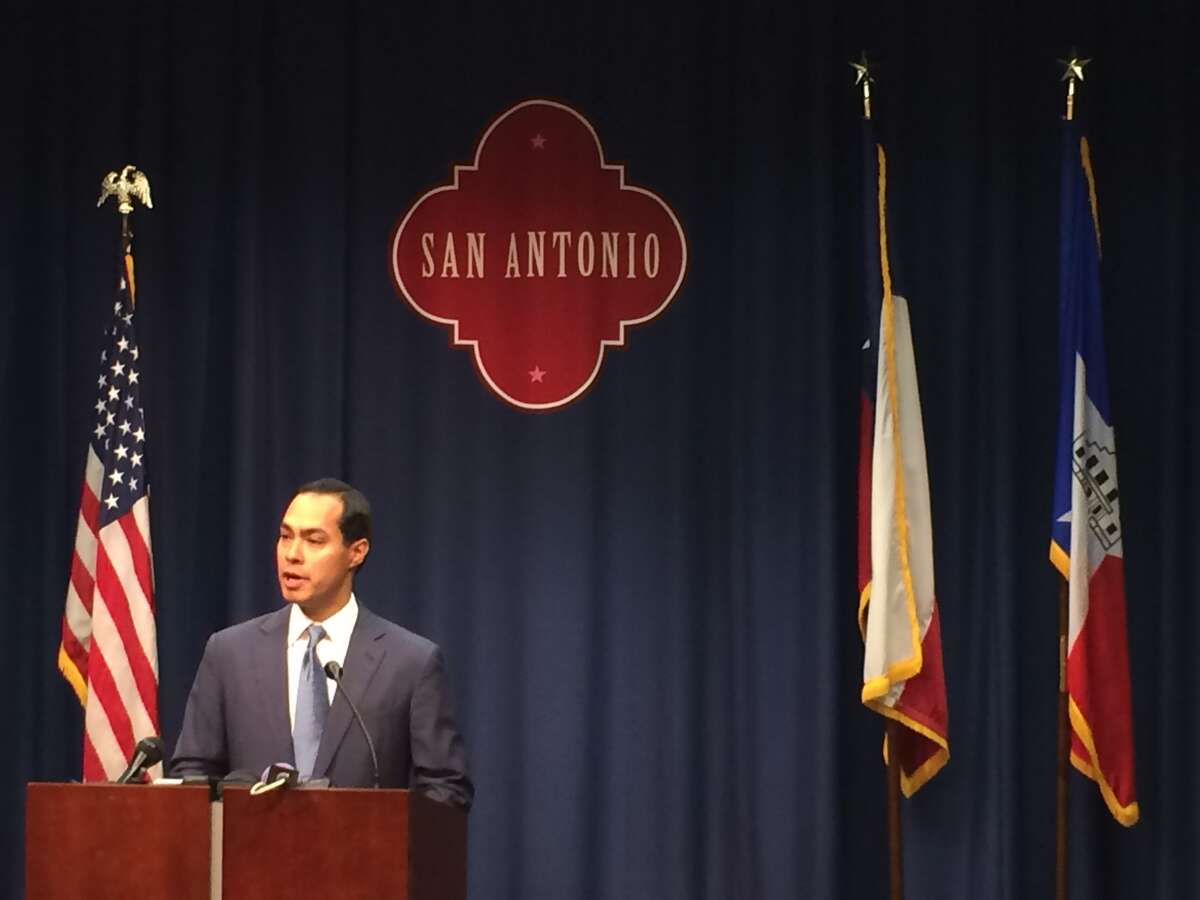 Mayor Julian Castro, confirmed as HUD secretary earlier in the day, gives his first public remarks in a meeting with reporters in his City Hall office.
