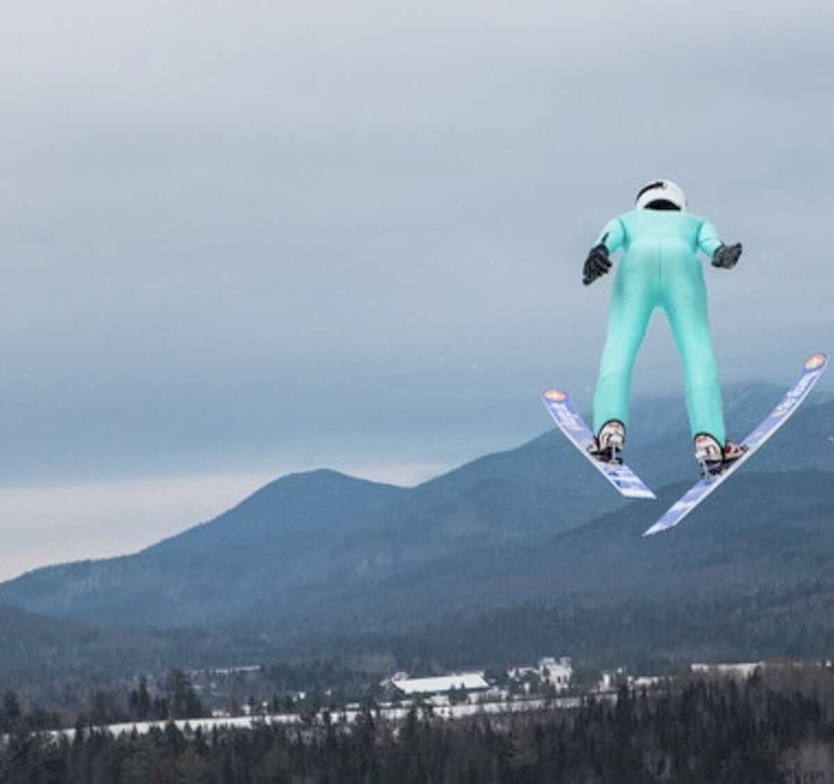 A view of a ski jumper at the Olympic training facilities in Lake Placid.