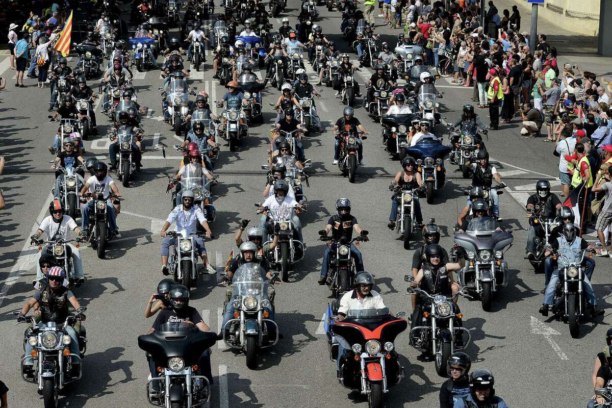 Harley-Davidson motorcyclists ride through Barcelona during Barcelona Harley Days this month. The event gathers thousands of riders from all over Europe.