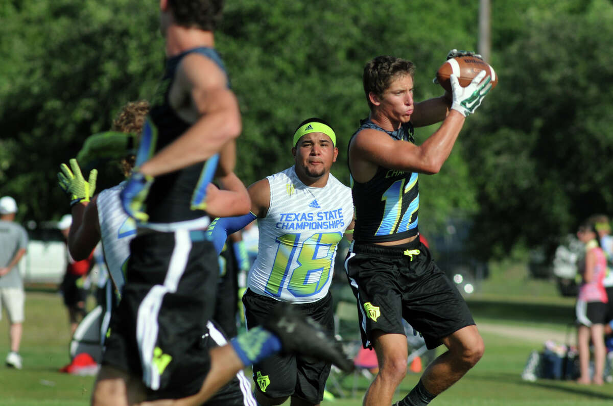 Fort Bend Christian wide receiver Tyler Ciavarra makes a catch against Booker during the state 7-on-7 football tournament at College Station on Thursday. The Eagles, who are playing in the tournament for the first time, lost all three of their pool-play games Thursday.