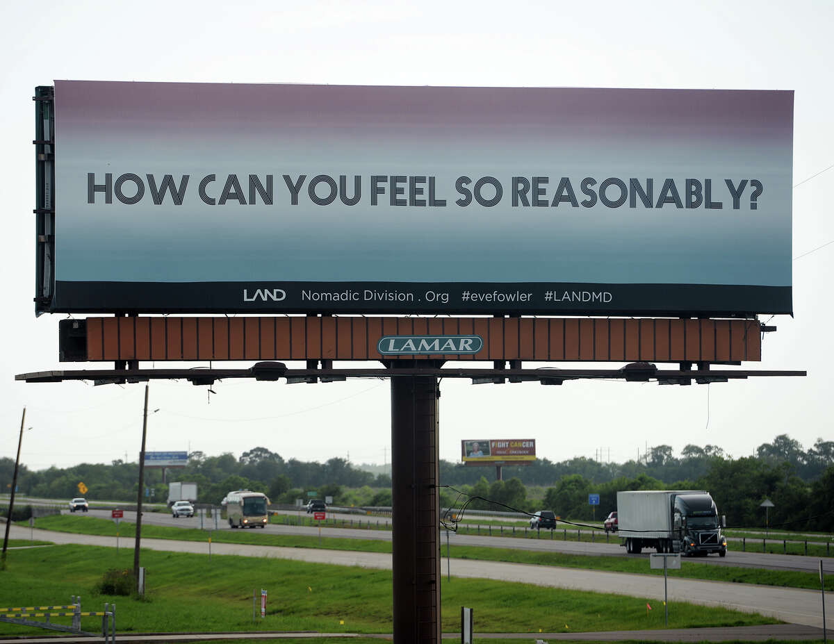 A billboard just north of Ford Park on Interstate 10 reads "HOW CAN YOU FEEL SO REASONABLY?" on Tuesday afternoon. Artist Eve Fowler, as part of the Los Angeles Nomadic Division's Manifest Destiny Billboard Project, has placed three billboard messages between Beaumont and Winnie on Interstate 10. In addition, a "lending library" with books relating to the quotations has been installed at the M&D Supply on College Street. Photo taken Tuesday 7/8/14 Jake Daniels/@JakeD_in_SETX