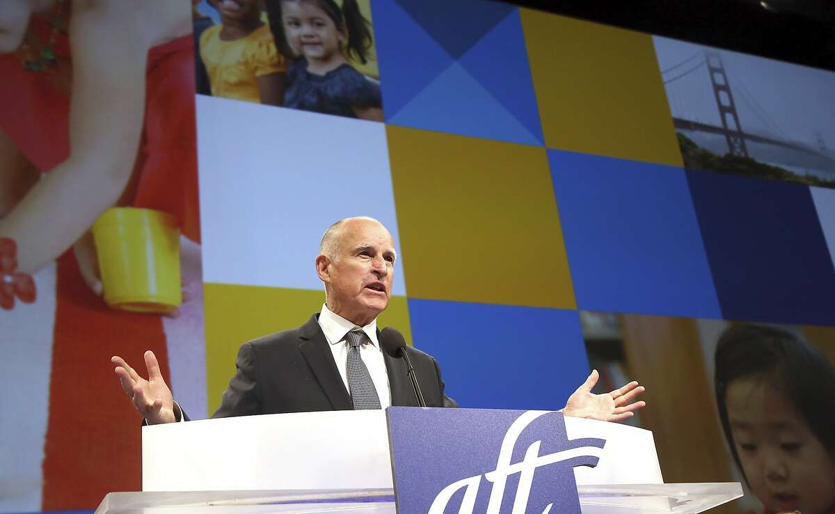 California Gov, Jerry Brown speaks at The American Federation of Teachers at Los Angeles Friday, July 11, 2014. Republican gubernatorial candidate Neel Kashkari accuses Gov. Brown of ignoring the plight of poor and minority students, but Brown robustly defends his record on education at a teachers union convention. (AP Photo/Nick Ut)