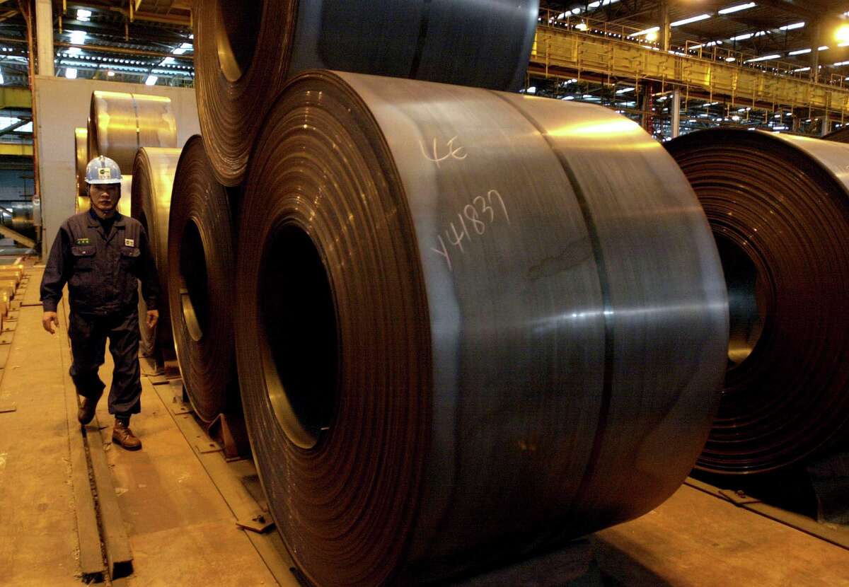 Rolls of steel await transportation at a South Korean mill in Pohang, south of Seoul.