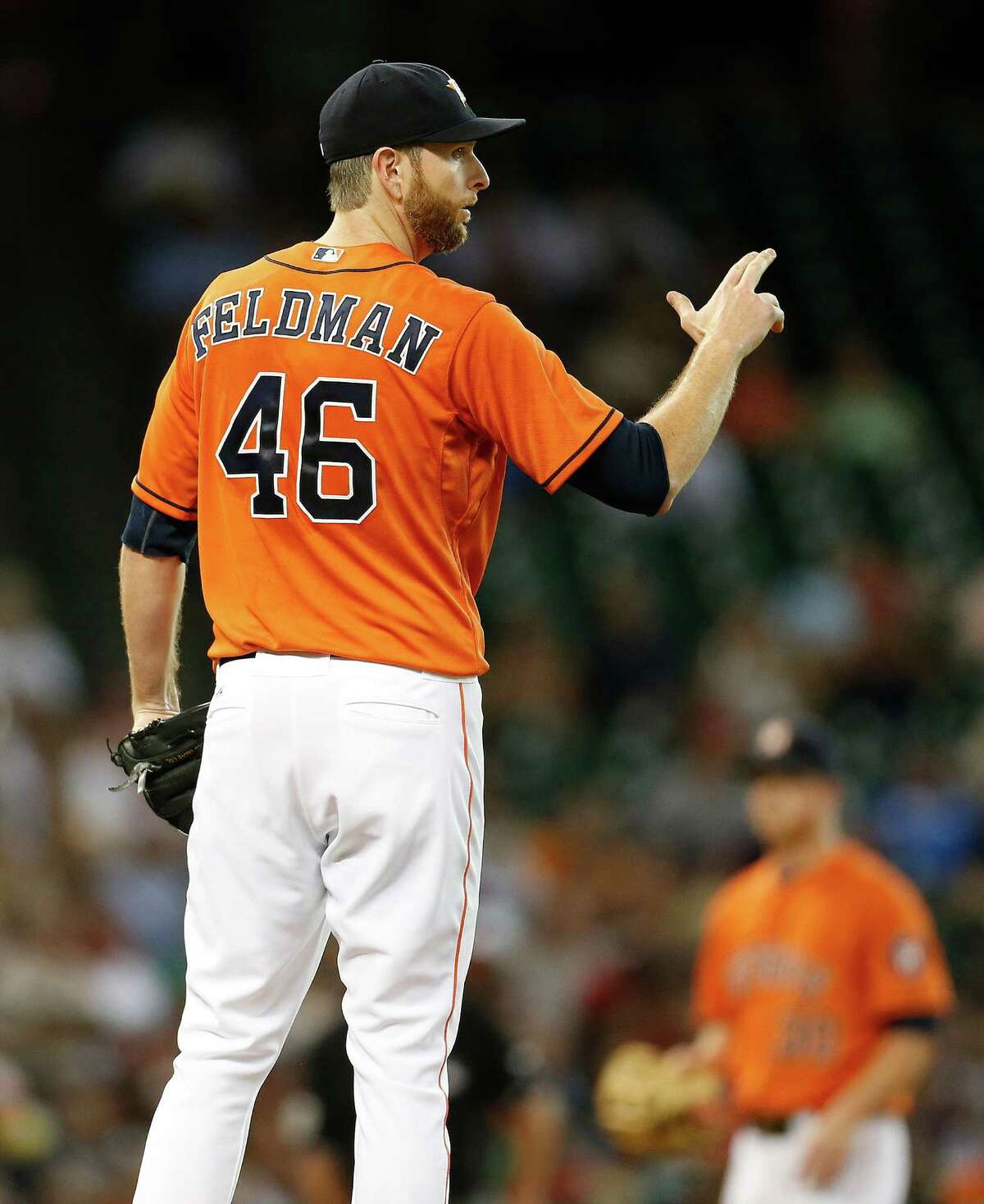 Astros starting pitcher Scott Feldman (46) took the loss after allowing seven runs in 51⁄3 innings against the Red Sox on Friday night.