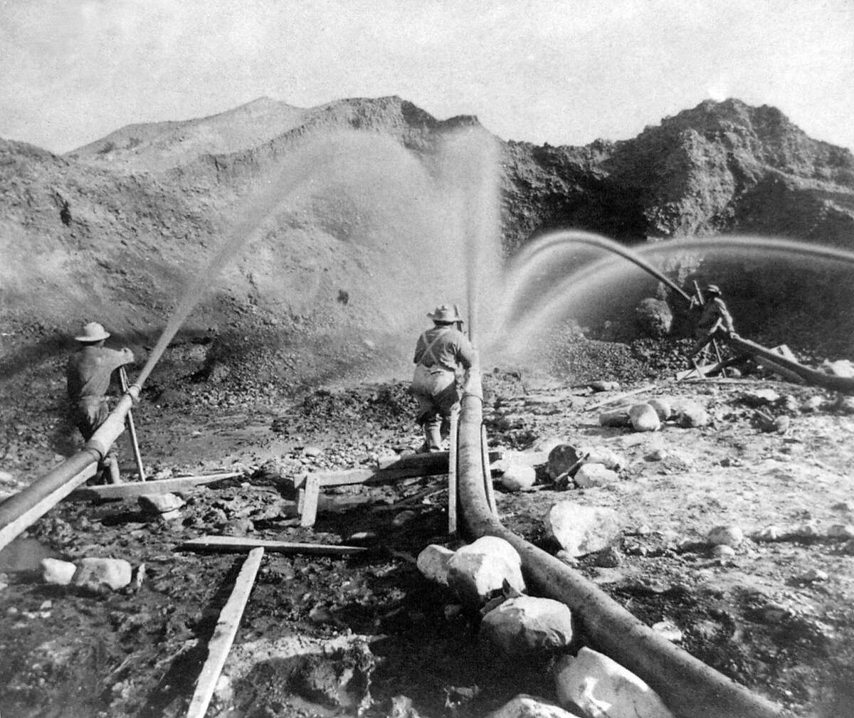 Miners near French Corral in Nevada County, California, located in the Sierra Nevada, use water hoses to wash gold away in this picture dated circa 1866. A new report from the San Francisco Estuary Institute shows the huge quantity of mining sediments that has been moving through San Francisco Bay since the Gold Rush has been depleted, abruptly leading to a bay that is significantly clearer.