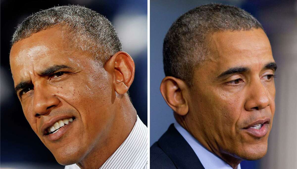 This combination image of President Barack Obama shows him, left, talking about the economy during a visit to Denver on July 9, 2014, and right, talking at the White House in Washington about the situation in Iraq on June 19, 2014. There's the confident Obama ridiculing opponents to the delight of his supporters. Then there's the increasingly unpopular president hobbled by gridlock in Washington and foreign policy crises. While Obama has long sought refuge away from the capital when his frustrations boiled over, the gap between his outside and inside games has perhaps never been bigger. (AP Photos)