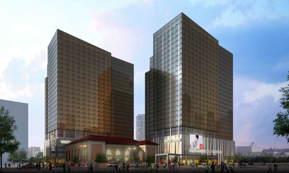 Artist's rendering of proposed luxury housing towers near the site of the historic downtown post office in Stamford.