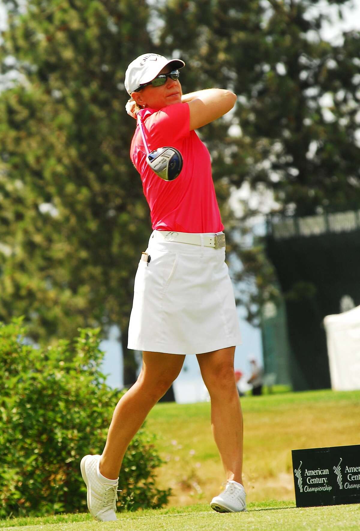 Annika Sorenstam tees off during a practice round of the Lake Tahoe Celebrity-Am at Edgewood Golf Course on July 15, 2014 in Stateline, Nevada.