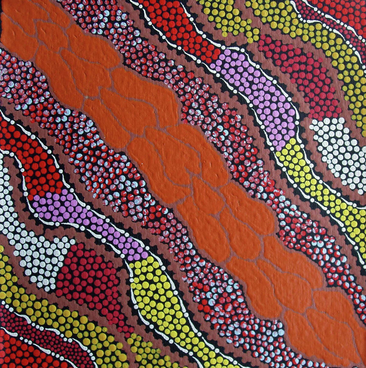 A work by Mary Napangardi Butcher is among paintings and prints on view through Sept. 6 at Booker-Lowe Gallery during the exhibition "A5: Annual Affordable Australian Aboriginal Art Show." Prices range from $225-$2,250. OLYMPUS DIGITAL CAMERA
