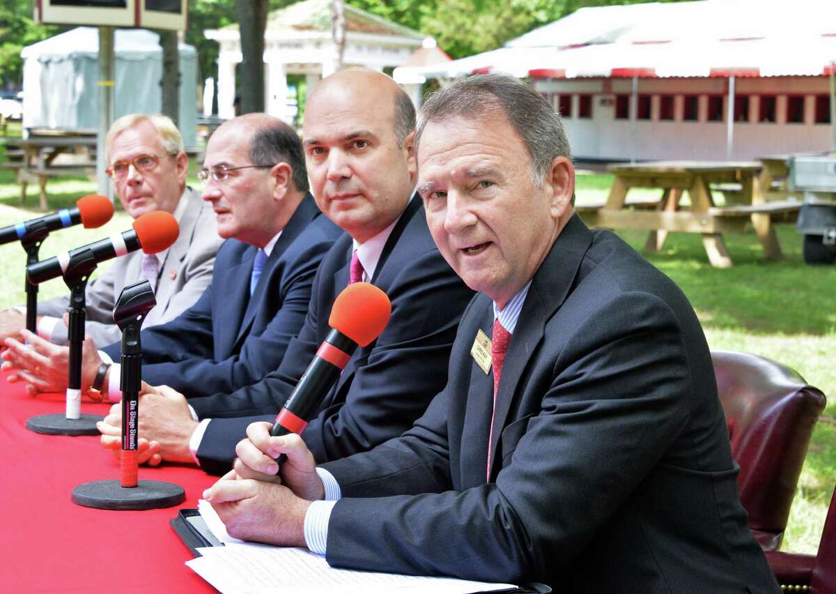 NYRA CEO and President Chris Kay, right, is joined by safety steward Hugh Gallagher, left, racing secretary Frank Gabriel and VP and director of racing operations Martin Panza, second from right, for a news conference Wednesday July 16, 2014, at Saratoga Race Course in Saratoga Springs, N.Y. (John Carl D'Annibale / Times Union)