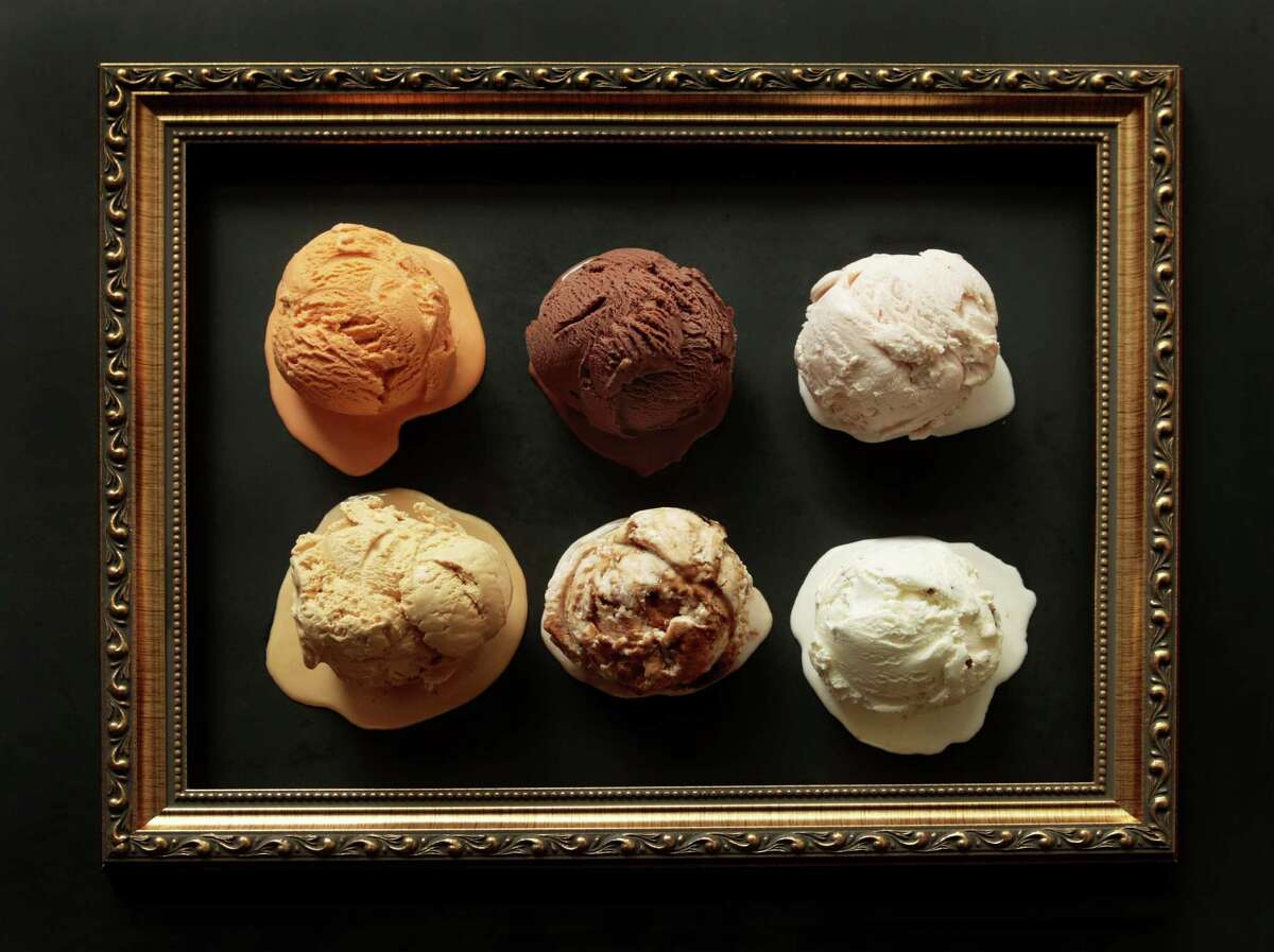Molly Moon's homemade ice cream comes in unusal flavors like thai iced tea, top left, salted caramel, bottom left, balsamic strawberry, bottom center, and more typical flavors of chocolate, strawberry and mint. It is organic and uses local ingredients. Seattle P-I photo illustration/Meryl Schenker