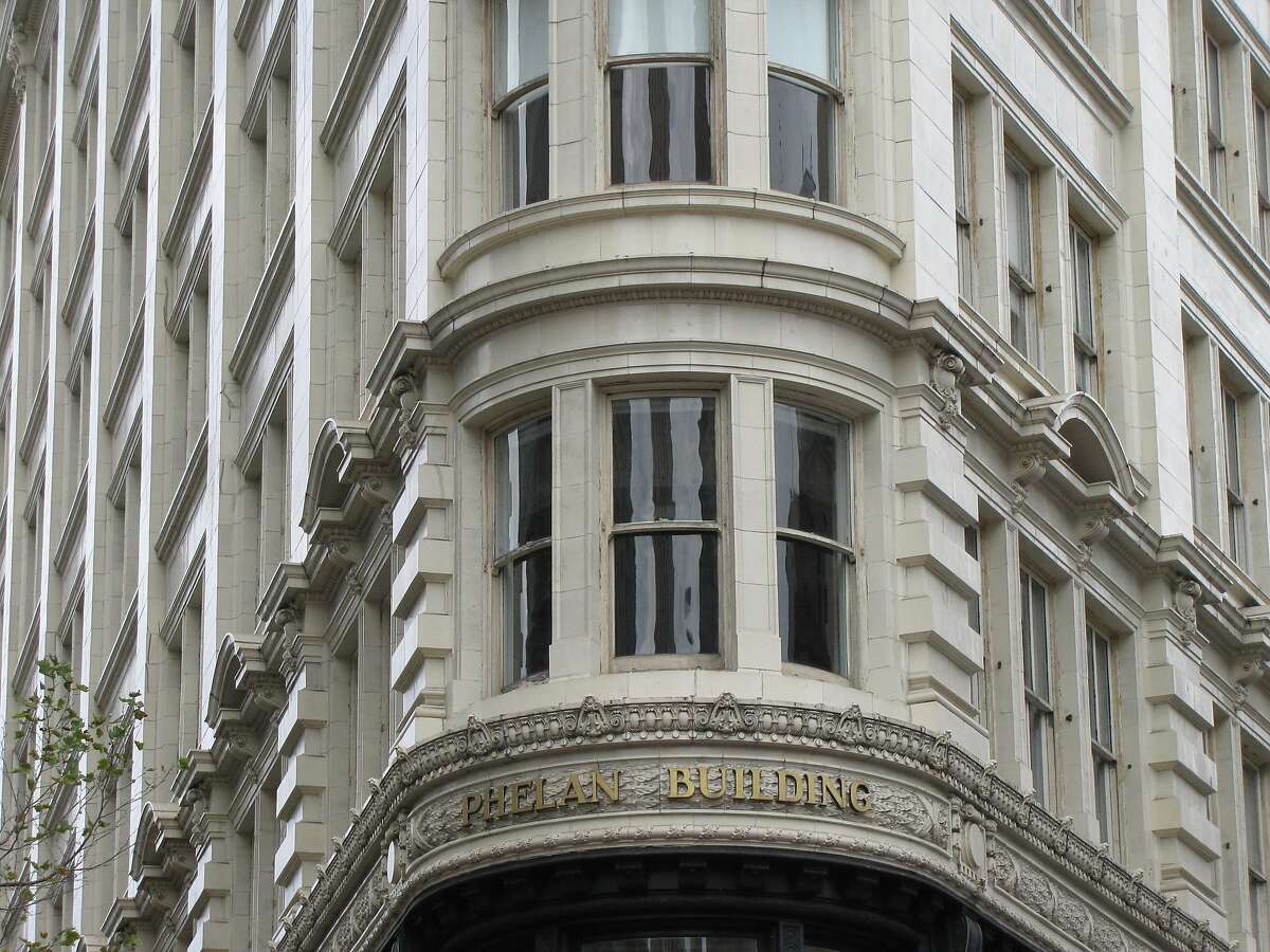 The Phelan Building at 760 Market is one of San Francisco's most distinctive "flatirons" -- buildings designed to fill the triangular lots created by the collision of straight and diagonal streets, in this case Market and O'Farrell. It opened in 1908; the architect was William Curlett.