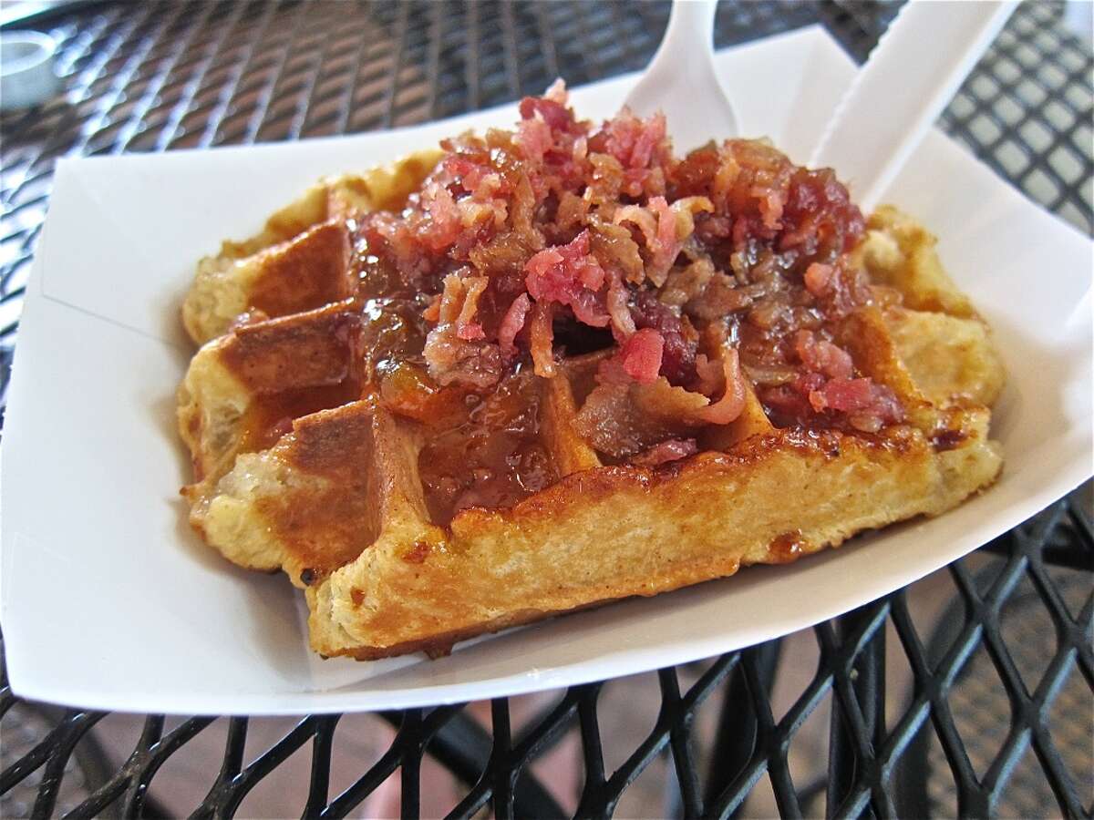 Waffle with bacon and local peach preserves at Seabrook Waffle Company.