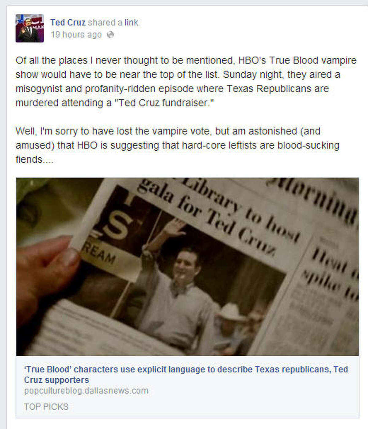 Senator Ted Cruz took to Facebook to express his displeasure at being featured on HBO's 'True Blood.' View the post on Cruz' Facebook page.