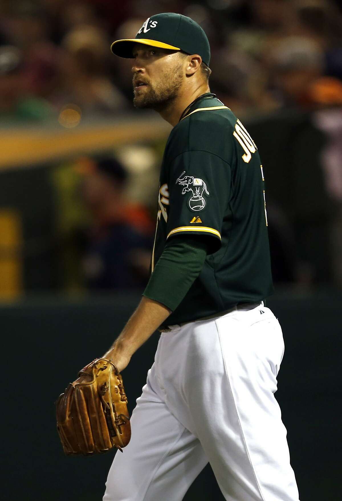 Oakland Athletics' Jim Johnson while giving up 4 runs without recording an out in 8th inning during A's 9-7 win over Houston Astros during MLB game at O.co Coliseum in Oakland, Calif. on Wednesday, July 23, 2014.