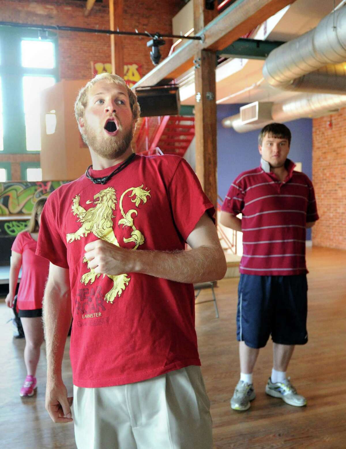 Off-Beat Player, Steve Hohl, as King Arthur, during rehearsal of Spamalot at the Arch Street Teen Center, Greenwich, Conn., Thursday night, July 24, 2014. The Off-Beat Players is a long-running theater program that brings together children both with and without special needs in all roles of the show. Spamalot will run August 6th through the 9th at the center.