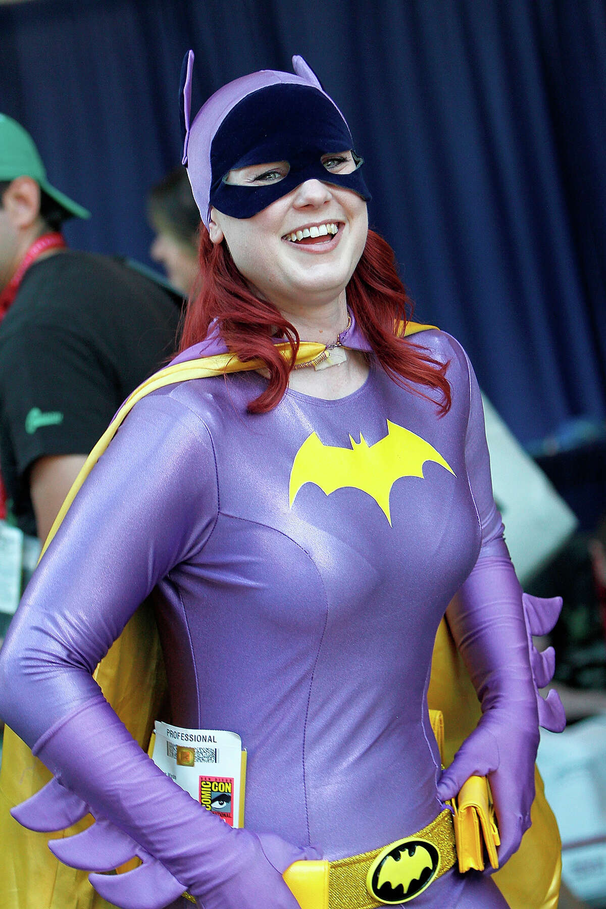 Batgirl 1 This is pretty accurate down to the hair color. We would be happy too if we could look like that in spandex. 