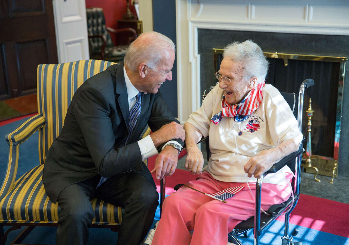 Vice President Joe Biden greets Lucy Coffey, 108, the oldest living female veteran in the U.S., in his West Wing Office.