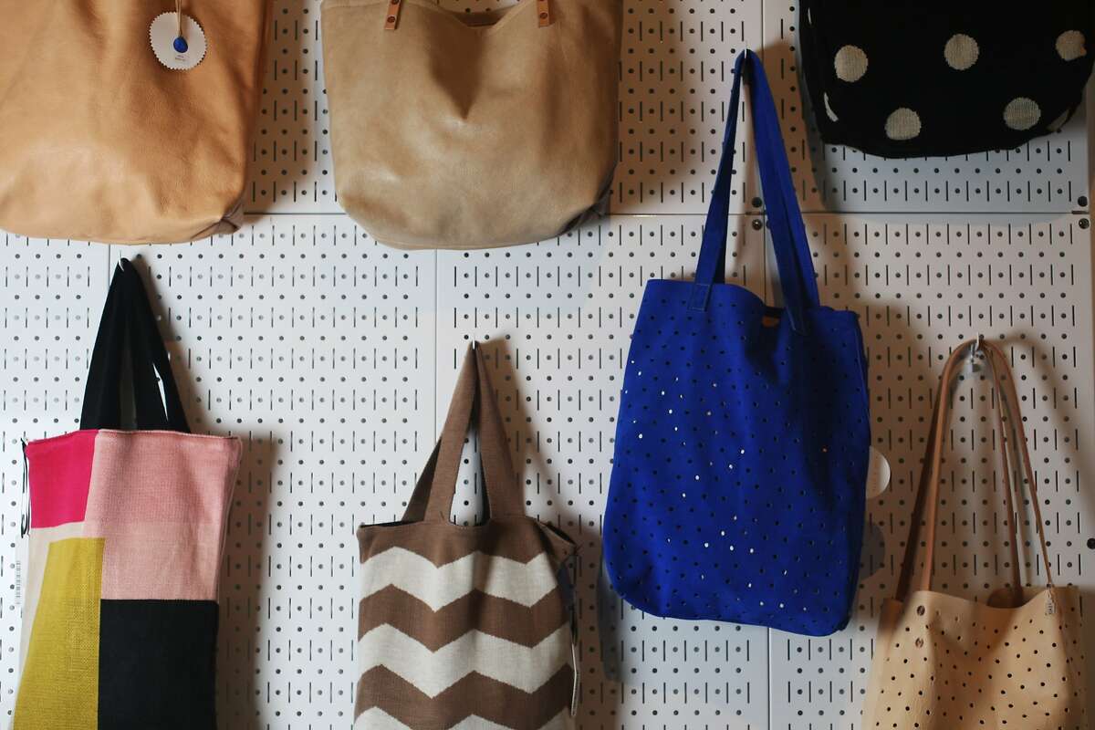 Tote bags by Pine & Boon for sale at Rare Device boutique in Noe Valley on July 23, 2014 in San Francisco, CA. Rare Device sells jewelry and accessories alongside other eclectic items