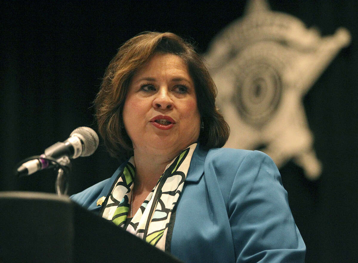 Lt. Gov. candidate Leticia Van de Putte, giving a speech to the Sheriffs' Association of Texas, is seeking to debate Dan Patrick in the state's four largest markets and the Rio Grande Valley.