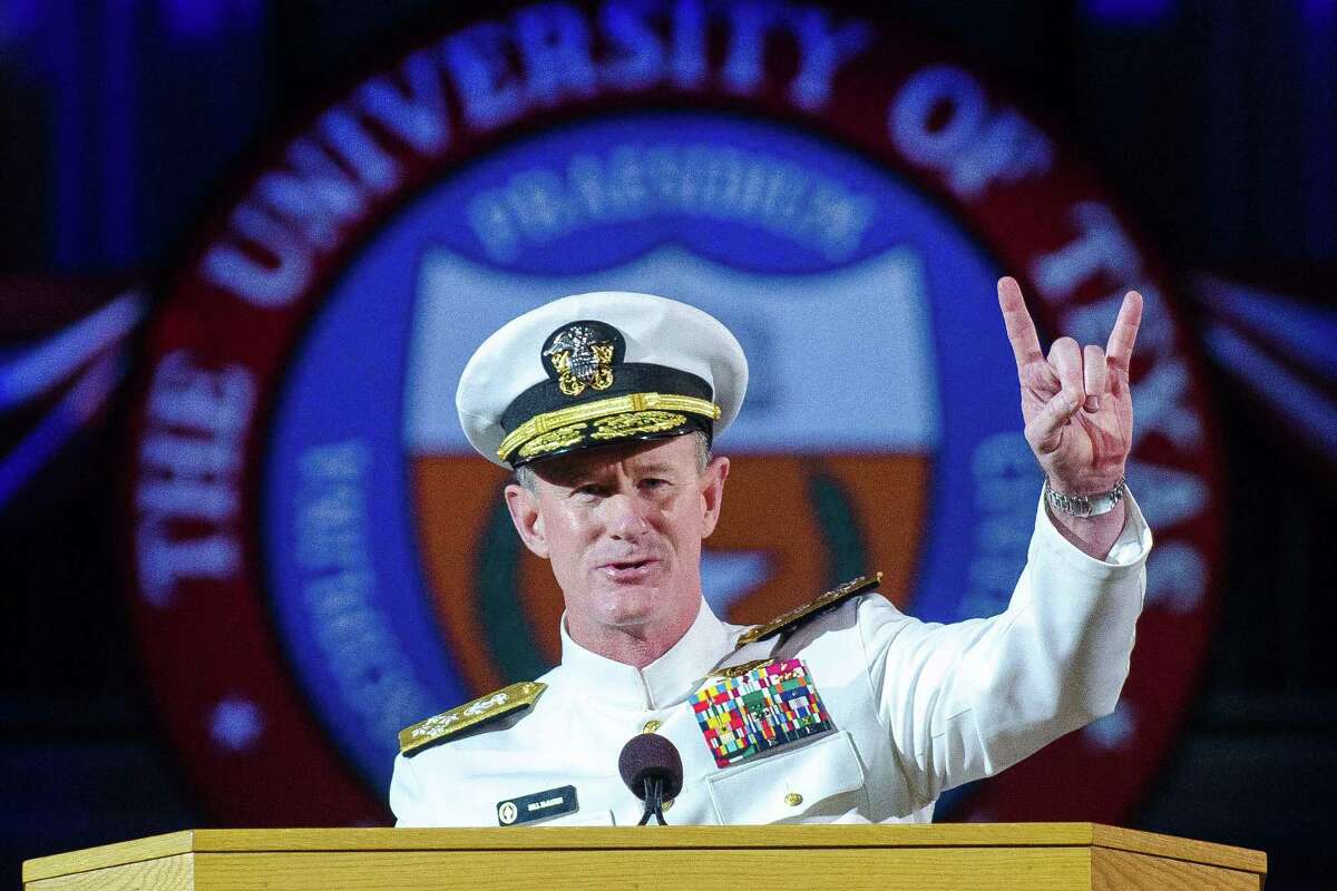 This photo provided by The University of Texas at Austin shows Naval Adm. William H. McRaven, an alumnus, delivering the commencement keynote address on Saturday, May 17, 2014. McCraven is the ninth commander of the United States Special Operations Command and is best known for having planned and directed the U.S. Joint Special Operations Command (JSOC) raid that led to the death of Osama bin Laden. (AP Photo/ The University of Texas at Austin, Marsha Miller)