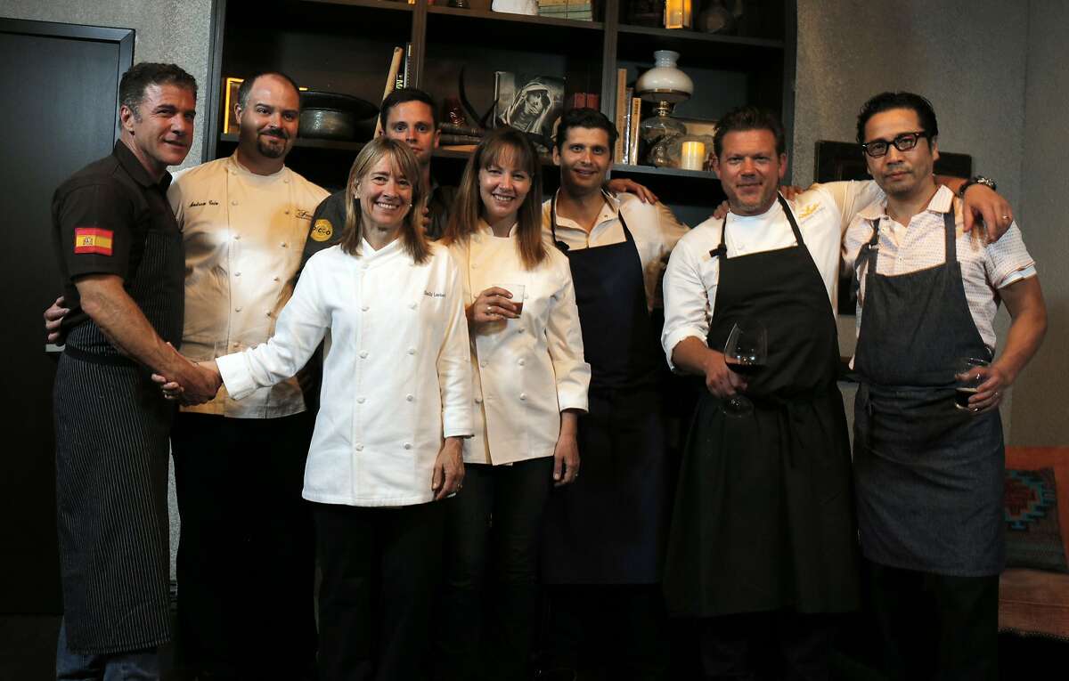 The chefs who put together the Top 100 Newcomers fundraising dinner for the San Francisco/Marin Food Bank at The Cavalier in San Francisco, Calif., on Sunday, July 27, 2014. From left to right are Michael Chiarello, of Coqueta, Andrew Cain of Sante, Emily Luchetti of The Cavalier, Jared Rogers of Picco, Jennifer Puccio of The Cavalier, Nico Delaroque of Nico, Tyler Florence of Wayfare Tavern, and Shotaro Kamio of Iyasare. The Chronicle helped organize the dinner as part of the Eat Drink SF festival.