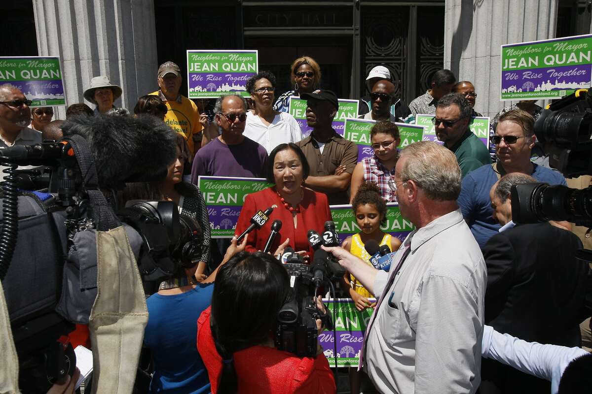 Oakland Mayor Jean Quan speaks to reporters on the steps of Oakland City Hall on July 30, 2014 in Oakland, CA. Oakland Mayor Jean Quan held a press conference after filing her official re-election nomination papers with the City Clerk?•s office to announce an extensive and diverse list of more than 465 local community leaders and organizations endorsing her candidacy for re-election.