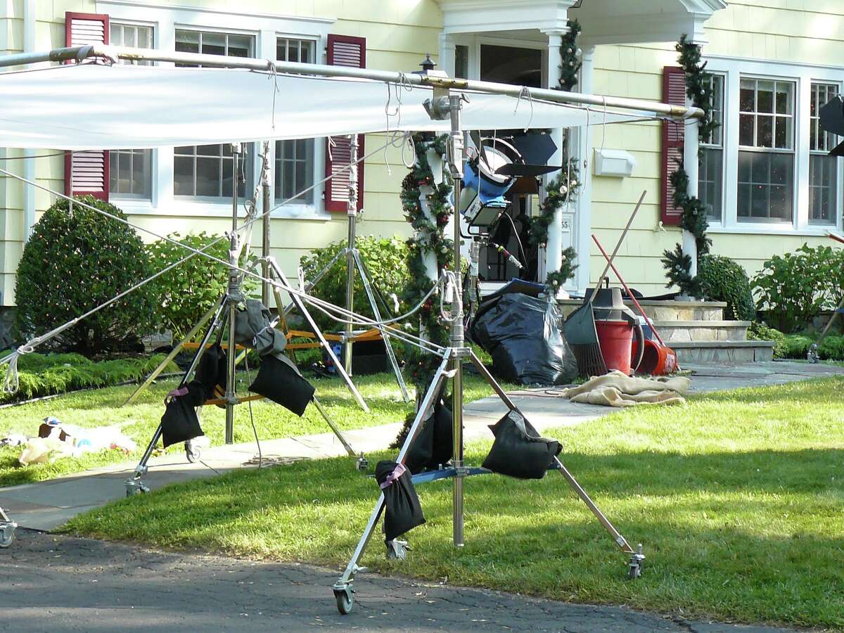 Movie crew equipment in front of the Fairfield house where actress Melissa Joan Hart of Westport and her production company were filming a Christmas-themed television movie.