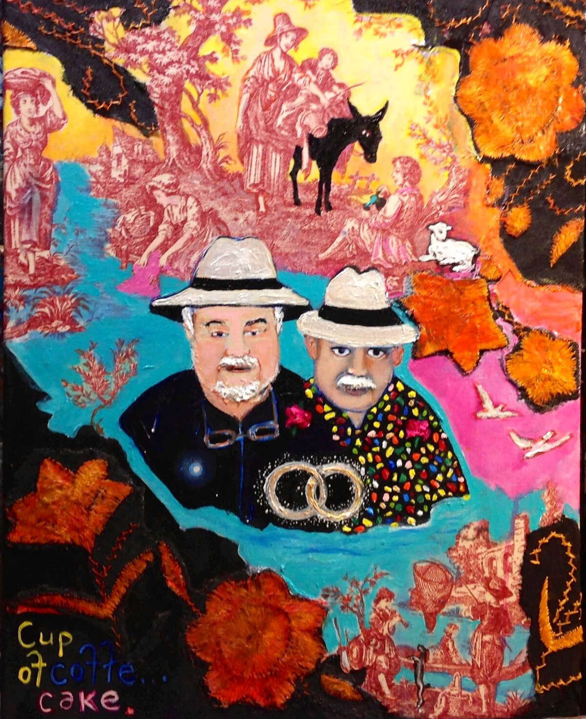 David Zamora Casas, the lead artist in the exhibit “Voces de San Antonio, Tejaztlan” included his acrylic and mixed-media work “Portrait of Toams and Dudley/Cup of Coffee ... Cake.”