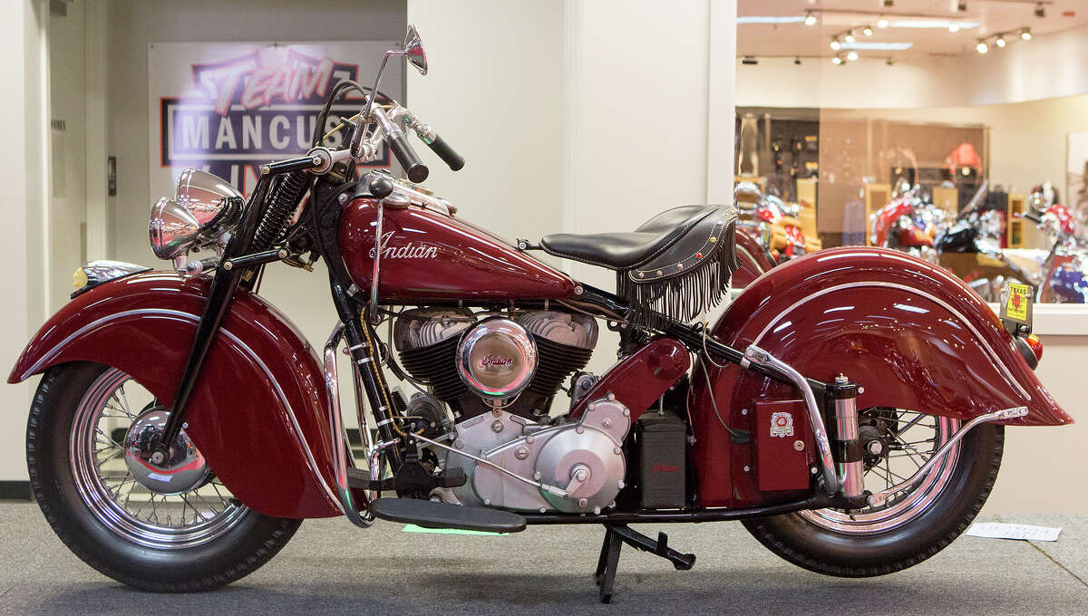 A 1947 Indian is seen at Team Mancuso Powersports 59, Tuesday, July 29, 2014, in Houston. (Cody Duty / Houston Chronicle)