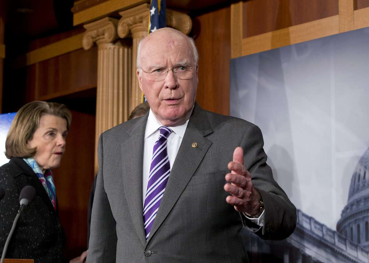 Senate Judiciary Committee Chairman Patrick Leahy, D-Vt., center, joined by Sen. Dianne Feinstein, D-Calif., left, speaks to reporters after Senate Republicans derailed President Barack Obama's selection of Georgetown University law professor Cornelia Pillard to fill one of three vacancies on the U.S. Court of Appeals for the District of Columbia Circuit, at the Capitol in Washington, Tuesday, Nov. 12, 2013. Democrats used the vote to assail Republicans for opposing female nominees to the D.C. circuit. (AP Photo/J. Scott Applewhite)